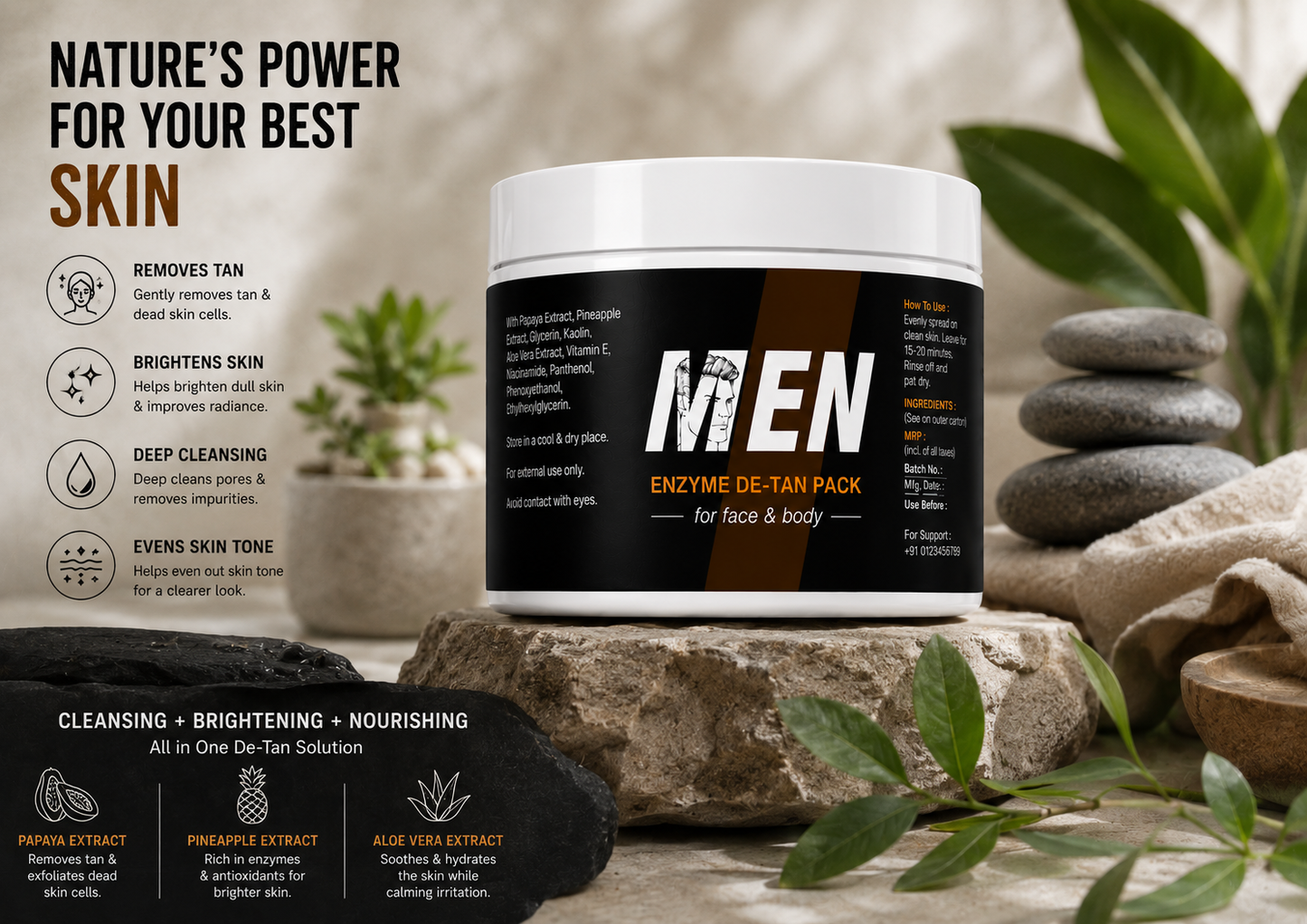 men enzyme de-tan pack for face & body | professional tan removal & skin brightening formula | 50% off today