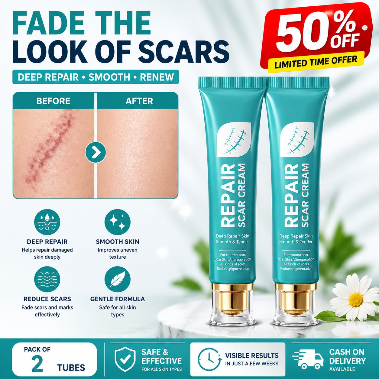 50% off + buy 1 get 1 free ✨ limited offer 🔥 advanced scar repair cream💎