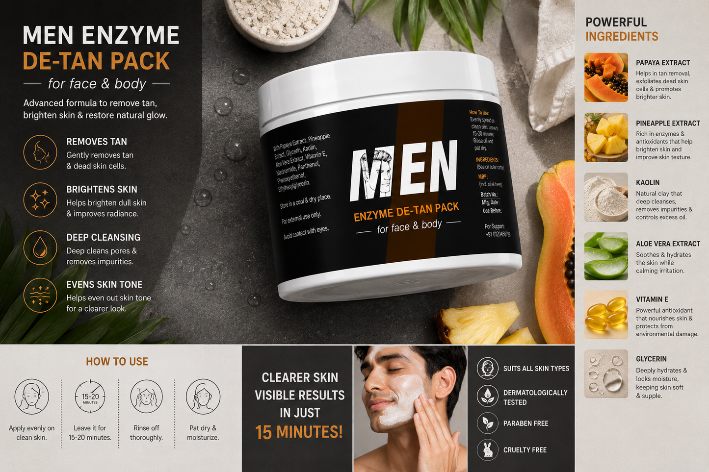 men enzyme de-tan pack for face & body | professional tan removal & skin brightening formula | 50% off today